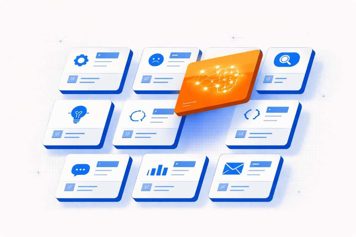 AI programos ir įrankiai online – kortelių tinklelis su skirtingais dirbtinio intelekto sprendimais