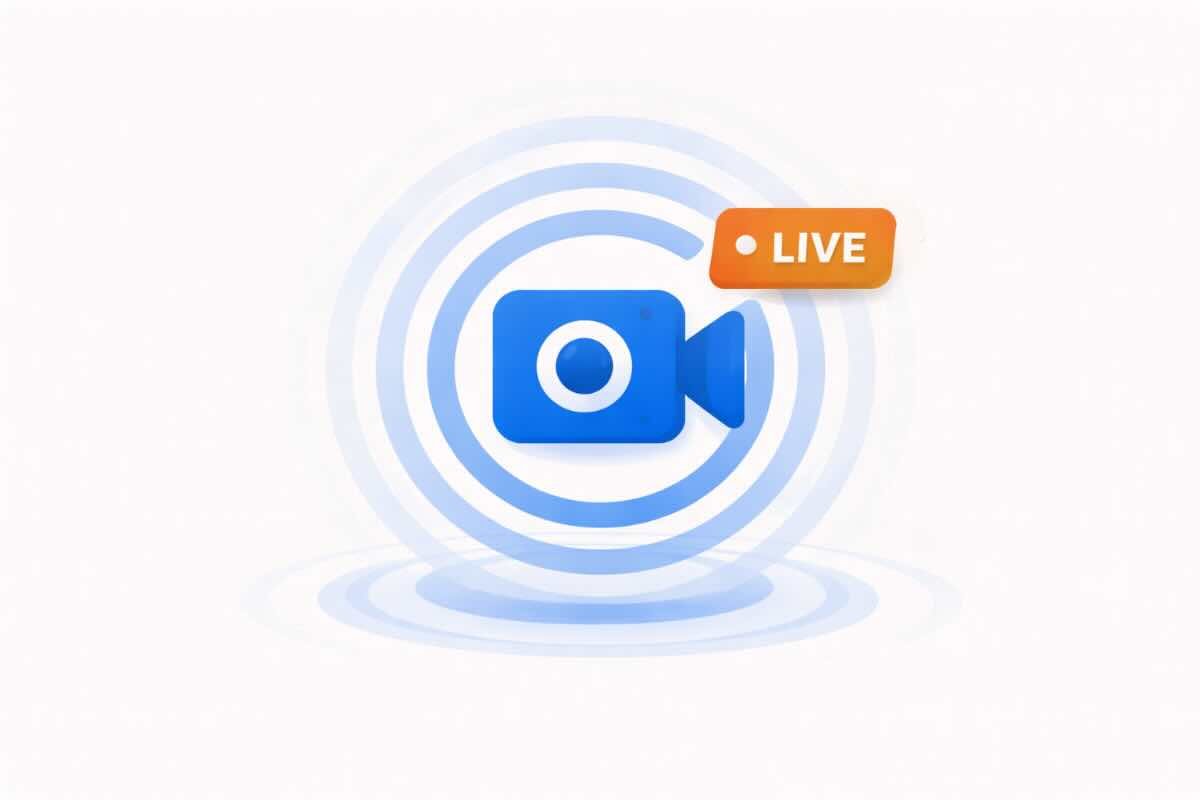 Facebook Live transliacija – vaizdo kameros ikona su "LIVE" žymėjimu ir signalo bangomis