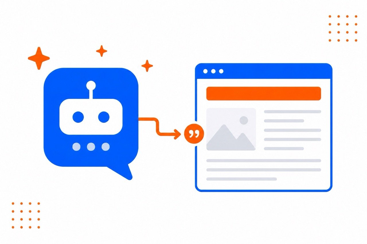 GEO and AI search optimization illustration — AI chat bubble citing a webpage with sparkles and a citation arrow